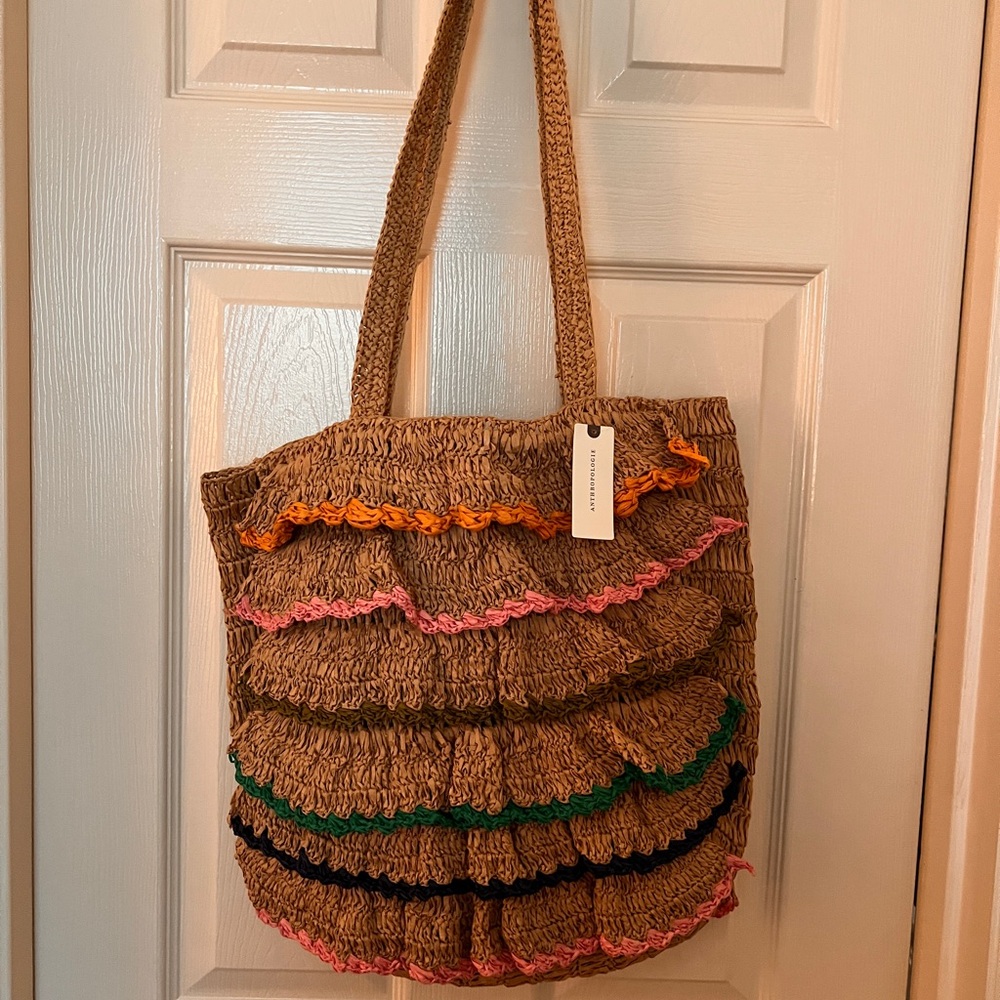Anthropologie Brown and Pink Ruffled Tote Bag